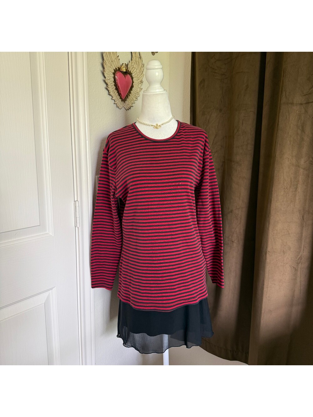 Express Red Black Striped Long Sleeve Top Grunge Punk Emo Vintage Sz L Cotton